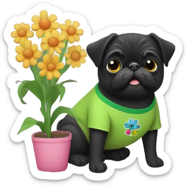 Black pug , surrounded by flowers, holding a green sign that says “good luck”  sticker