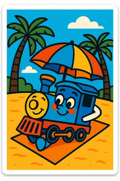 a train on vacation, relaxing on a beach, fun illustration, vibrant toon, bright and cheerful sticker