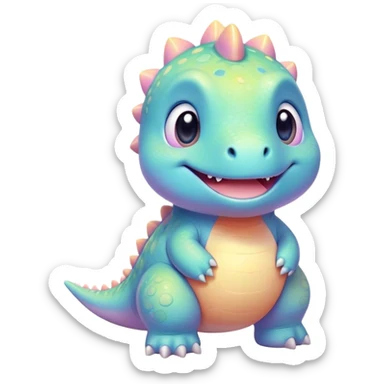 Cinematic tiny pastel dinosaur, chubby round body, tiny feet, big sparkling eyes, soft glowing colors, happy and friendly expression, radiating warmth. sticker