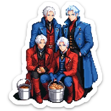 Dante and Vergil from Devil May Cry sitting together in a KFC family bucket, Dante in red coat, Vergil in blue coat, both with white hair sticker