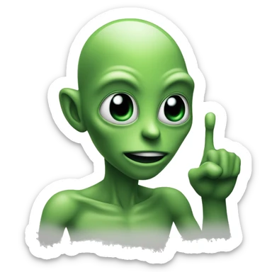 An emoji-style alien face with a friendly expression, green skin, large black eyes, and a simple smile, holding one finger up to its mouth as if saying 'shiuu' or 'shh,' conveying a quiet or secretive gesture sticker