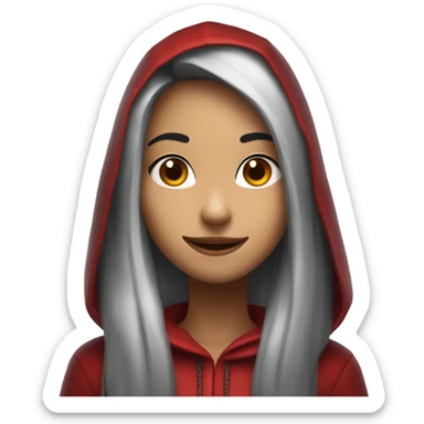 Girl with long black hair and red hood smile happy real with smaller eyes  sticker