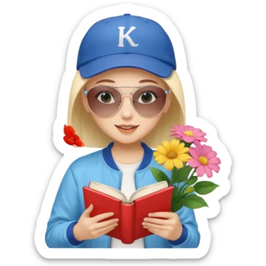 ["A happy girl with light skin, bald, wearing a baseball cap and sunglasses, dressed in K-pop fashion, is reading a book while holding a flower bouquet."] sticker
