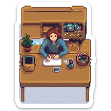 a man sitting at a table editing videos, pixel art style sticker