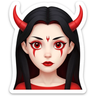 Head only demon girl: ENTIRE skin flat solid red, long straight sleek black hair, sharp cheekbones/jaw, small horns; centered, no body, no text. sticker