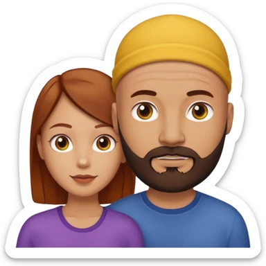 Couple. A bald man with dark brown beard and a girl with light skin. She has dark yellow brown auburn hair. sticker