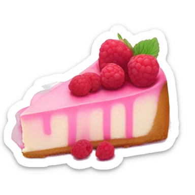 pink cheesecake with white icing and a raspberry on top sticker