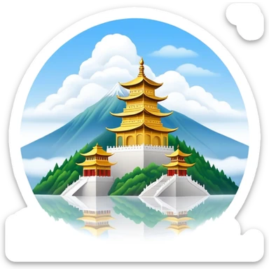 Mount Emei misty peaks with golden temple Sichuan, simplified emoji style with bold outlines and bright colors, cartoon style mountain with clouds sticker