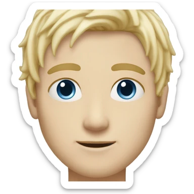 white man with clear skin with fringe down blonde hair style blue eyes and  sticker