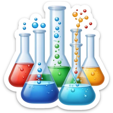 An icon featuring laboratory flasks with tubes, symbolizing chemistry. The design includes liquid and powder substances, a chemical reaction with bubbles, and molecular formulas, representing chemical processes like hydrolysis. Transparent background sticker