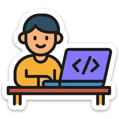 person coding at a desk, cheerful, minimal sticker