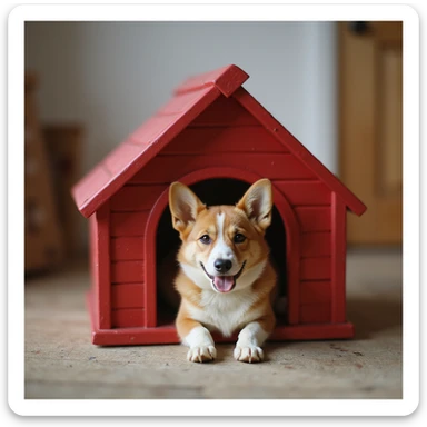 realistic red dog house with a Corgi dog inside, Corgi with a kitten, photorealistic style sticker