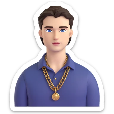 handsome male with intense blue-grey eyes, chiseled features, pale skin, confident smirk, dark brown styled hair, baddie energy, gold chain, stylish fitted shirt sticker