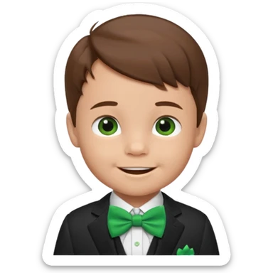baby cute boy, brown hair in suit, with green bow, smile sticker