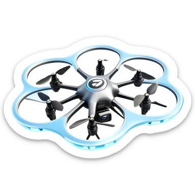 An icon showing a racing quadcopter drone in the foreground, flying at high speed through a course filled with obstacles and checkpoints. Other drones zoom in the background over a dynamic landscape. Transparent background highlights the thrill and precision of drone racing. sticker