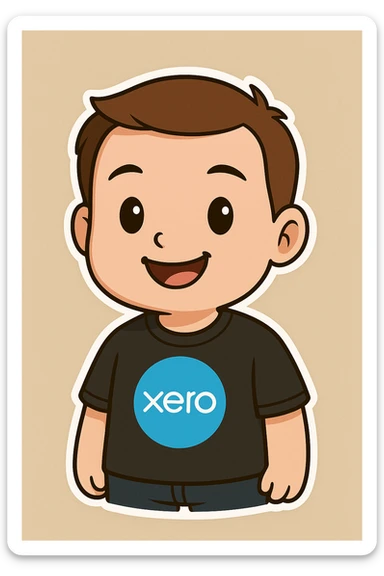 Make the man smile, keep the cartoon style, brown hair, no beard, no glasses, black Xero software company t-shirt, same pose and style as reference. sticker