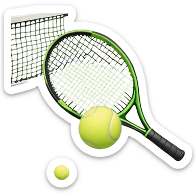 A tennis racket and a ball placed on the ground, with a tennis court in the background. The court lines and net are visible, emphasizing the structure and focus of the sport, creating a dynamic and energetic vibe. sticker