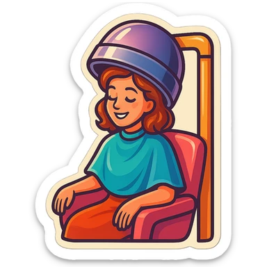 a girl sitting in a beauty salon getting a hair treatment, bright and cheerful sticker
