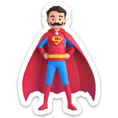 kid superhero with handlebar mustache, mustache-themed costume, young sidekick sticker