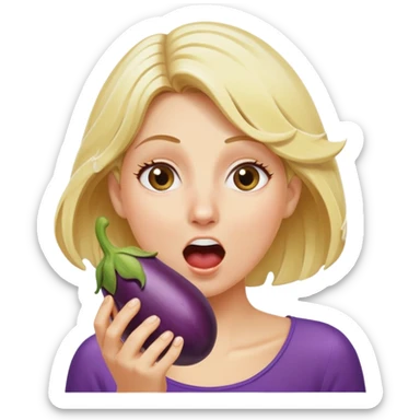 blond woman eating an eggplant, water stream squirting out of the aubergine, surprised expression, clear water splash sticker