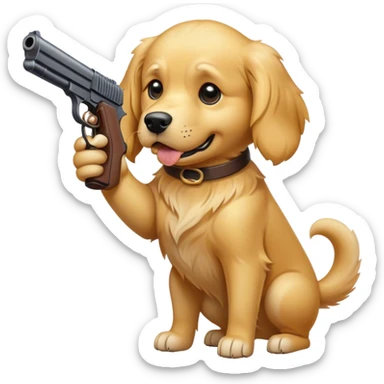 Golden retriever holding a gun with a mad face sticker