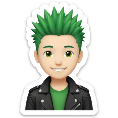 "- Nam
- 15 tuổi
- Da trắng
- Tóc xanh lá cây vuốt nhọn dựng đứng
- áo khoác da đen, mặt cười tươi
" sticker