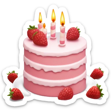 light pink and white cake on white colored plate with raspberries and strawberries and candles sticker