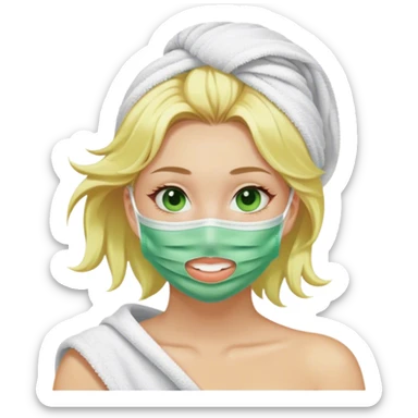 green face mask on a blond girl in towel  sticker