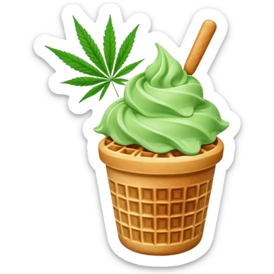 gelato in a waffle cup with cannabis leaf sticker