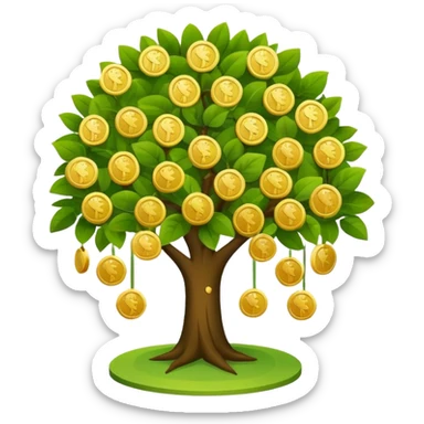 Apple-style money tree, round soft green canopy.
No pot, no ground — only the tree.
Small gold coins as fruits inside the leaves (not below).
Flat 2D vector, clean shapes, no gradients.
Dark near-black background, premium fintech icon. sticker