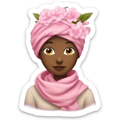 girl with a scarf on her head and a bouquet of pink flowers sticker