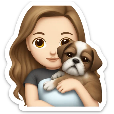 White girl straight brown hair sleeping with puppy shin tzu  sticker