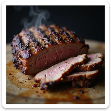 smoked beef brisket, whole piece with bark, sliced ends, steam rising, mouthwatering, no text sticker