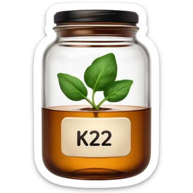 brown glass jar of supplements with white label, black thin title K2 and small spinach emoji sticker