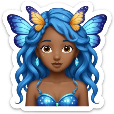 Black girl fairy with long wavy blue hair butterfly wings sparkly sticker