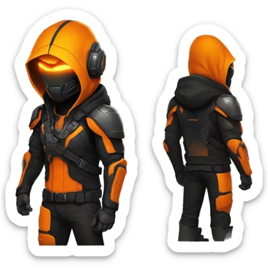  developer behind his laptop with this style : crysis Cyberpunk Valorant orange glowing bright orange character orange black hooded assassin themed character sticker