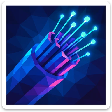 fiberoptic cable, glowing, high-tech, close-up, low-poly polygonal illustration style, vibrant and geometric sticker