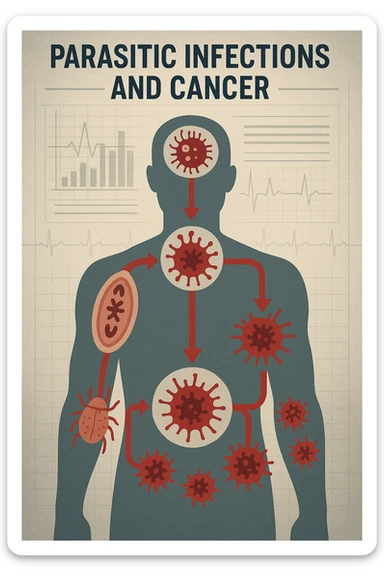 a man’s silhouette is filled with stylized images of parasites and tumor cells, connected by red lines or arrows to show cause and effect. The background features a medical chart or infographic about the dangers of untreated parasitic infections. The overall tone is serious and educational. scritto in italiano sticker