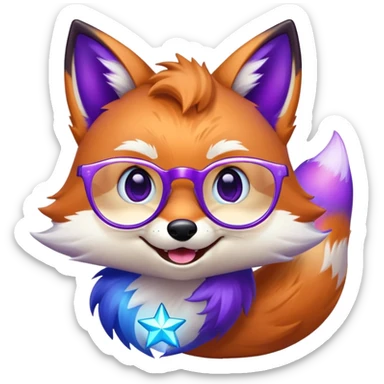 A magical fox with shimmering purple and blue fur, a glowing tail, a silver star on its forehead, and round glasses, laughing so hard that tears are streaming from its eyes sticker