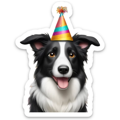 A  happy Australian Border Collie with a half-black, half-white face wearing a Birthday Party Hat.  sticker