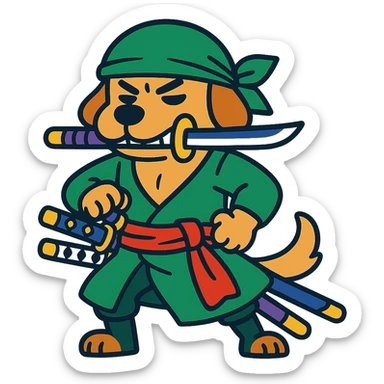 dog dressed as Zoro from One Piece, green bandana, three swords, confident pose, vibrant colors sticker