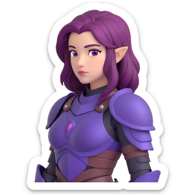 mysterious warrior girl with flowing purple hair, dressed in black armor, looking over her shoulder, emoji style sticker
