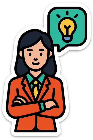 businesswoman standing confidently with a lightbulb idea bubble above her head, modern icon style, clean lines, vibrant colors sticker