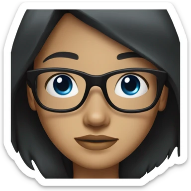 A girl with long, straight, black hair and blue eyes with black glasses and light skin sticker