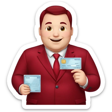huge fat guy bold head in dark red velvet suit holding cheque sticker