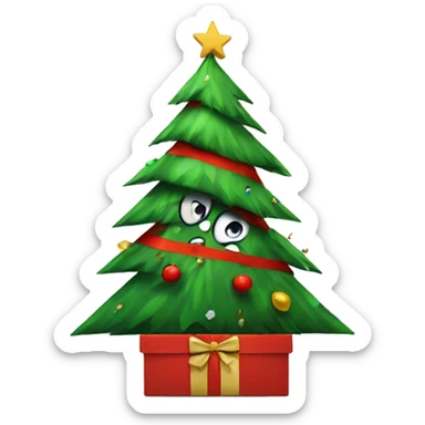 Angry Christmas tree attacking a present sticker