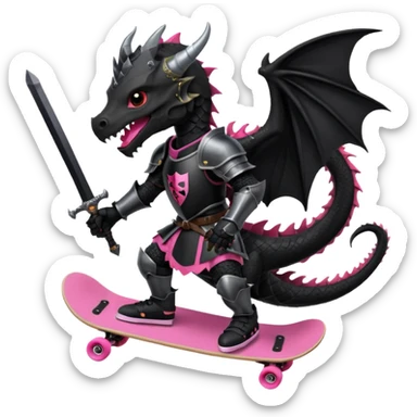 zwarte ridder met een zwarte zwaart en een zwarte schild met een zwarte draak op en hij skate met een roze skatebord en hij  zit tegen een draak te vechten sticker