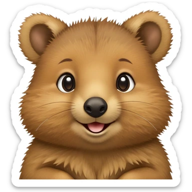 cinematic-quokka-realistic-full-body-standing on its hind legs hunched over-emoji,-small-round-frame-balanced-on-tiny-strong-hind-legs,giant fluffy cheeks large smile-fluffy-brown-fur-radiating-a-warm-softness,-big-round-eyes-filled-with-joy-and-innocence,-tiny-clawed-paws-held-close-to-chest,-cheerful-smile-exuding-endearing-happiness,-simplified-yet-realistic-focused-features,-highly-detailed,-glowing-with-a-sunny-warmth sticker