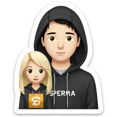 I want it to be this emote 🙍‍♂️
of a guy with black hair and a black sweatshirt with the word "sperma" written in white in the middle. Behind him, there's a pretty blonde with long hair, pulling the string on the first person's hoodie. The girl is wearing a gray sweatshirt. sticker