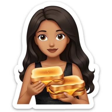 Beautiful woman in 1950’s woman fashion look, black shimmery dress, long dark brown hair, grilled cheese sandwiche sticker